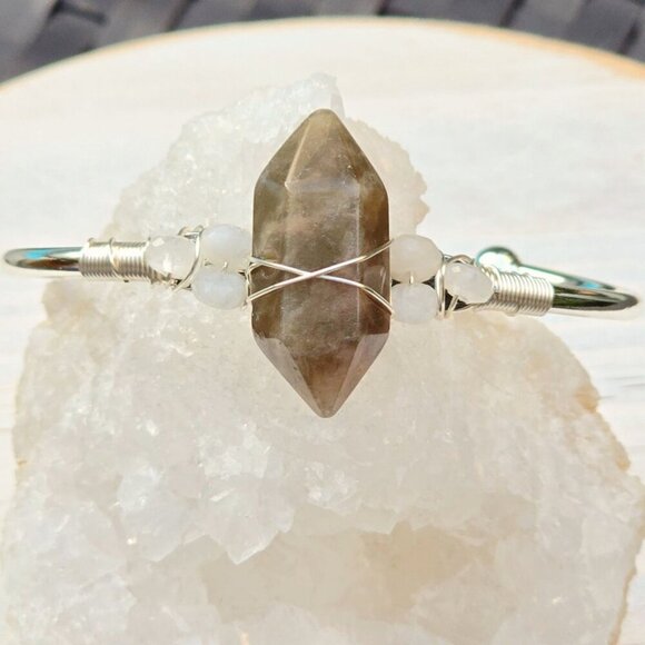 Sunstone & Moonstone ✦ Wire Wrap Cuff ✦ 925 Silver Over Copper w/ Raw Crysta - Picture 3 of 12